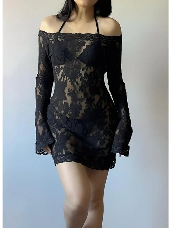 Victoria's Secret Other - 90s Vintage Victoria's Secret Lace Off Shoulder Bell Sleeve Mini Dress Large